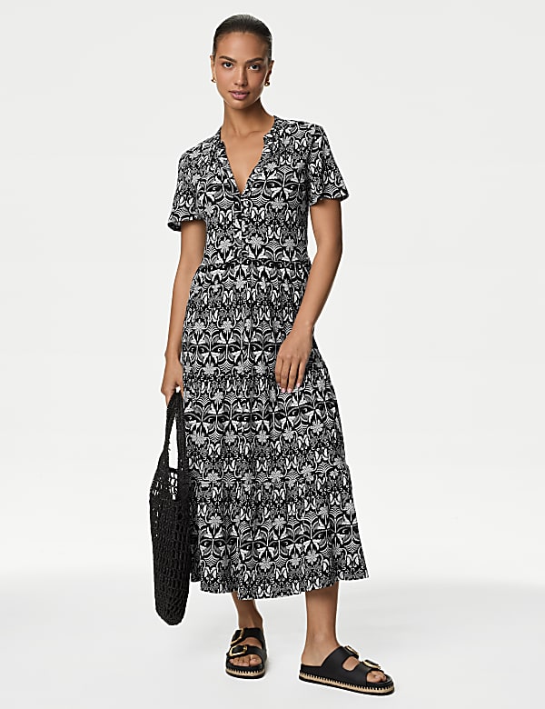 Pure Cotton Printed V Neck Midi Tiered Dress KHAKI MIX Dresses M S SE
