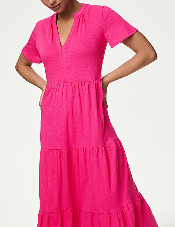 Pure Cotton Jersey V-Neck Midi Tiered Dress - CZ