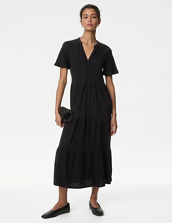Pure Cotton Jersey V-Neck Midi Tiered Dress
