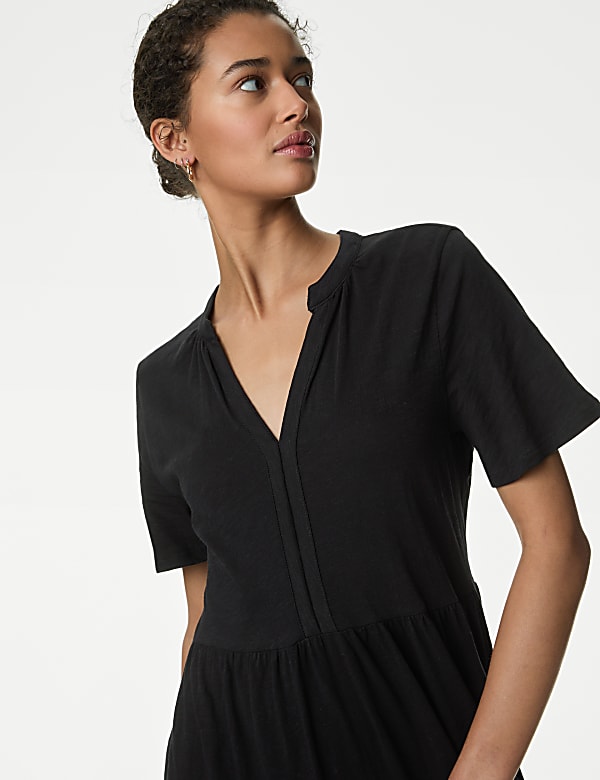 Pure Cotton Jersey V-Neck Midi Tiered Dress