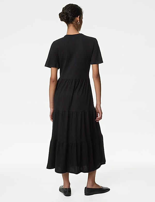 Pure Cotton Jersey V-Neck Midi Tiered Dress