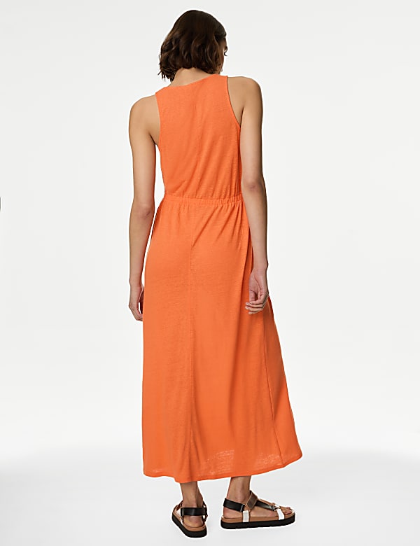 Linen Rich Jersey Round Neck Midi Waisted Dress - ID