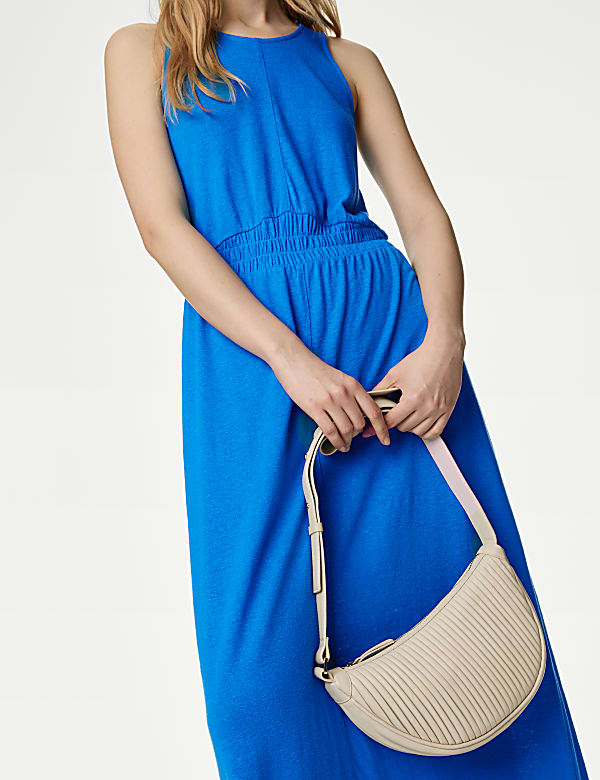 Linen Rich Jersey Round Neck Midi Waisted Dress