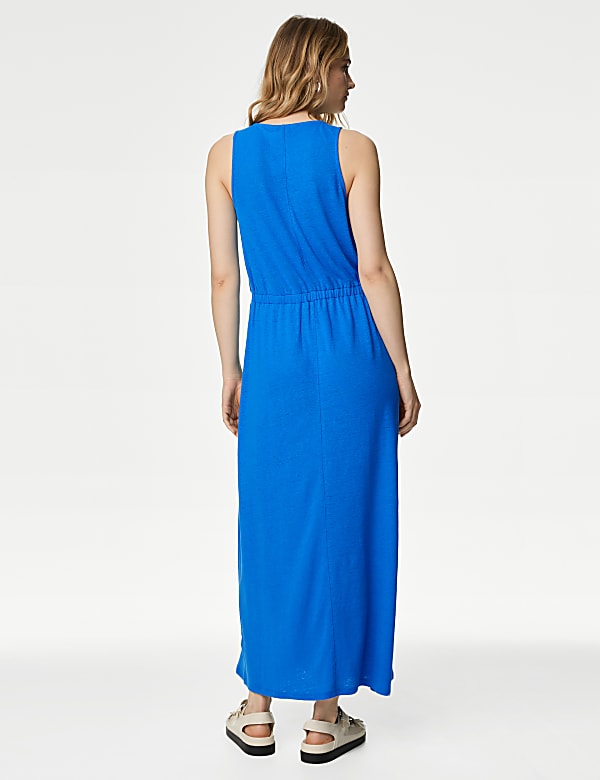Linen Rich Jersey Round Neck Midi Waisted Dress
