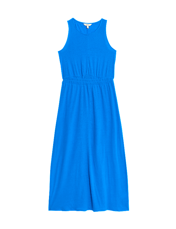 Linen Rich Jersey Round Neck Midi Waisted Dress