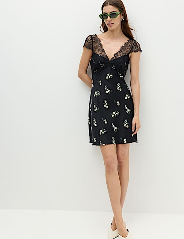 Marks & Spencer Satin Lace Floral Mini Slip Dress - Black Mix - US 8 -Regular