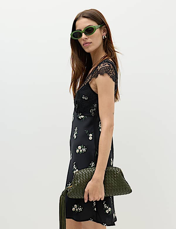 Satin Lace Floral Mini Slip Dress - US