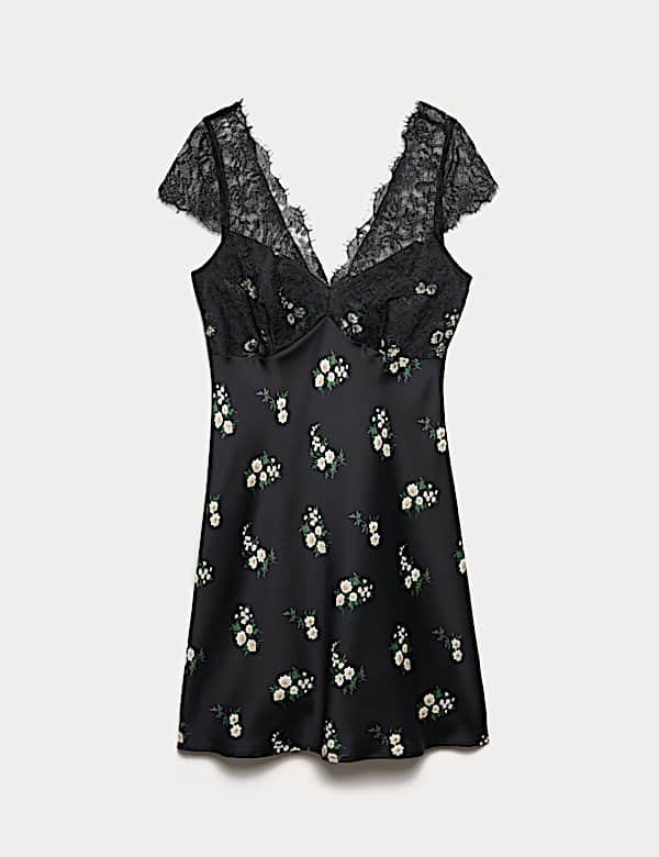 Satin Lace Floral Mini Slip Dress - US