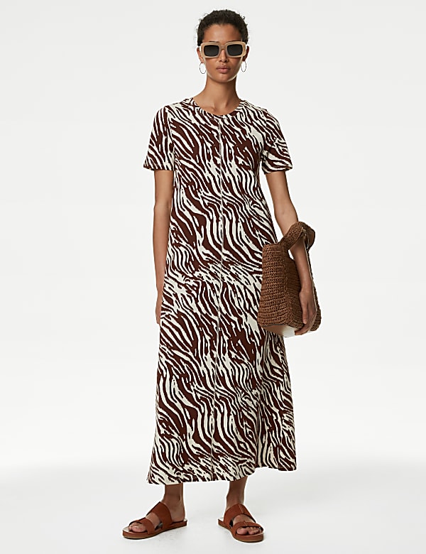 Pure Cotton Printed Midi T Shirt Dress KHAKI MIX Dresses M S IL