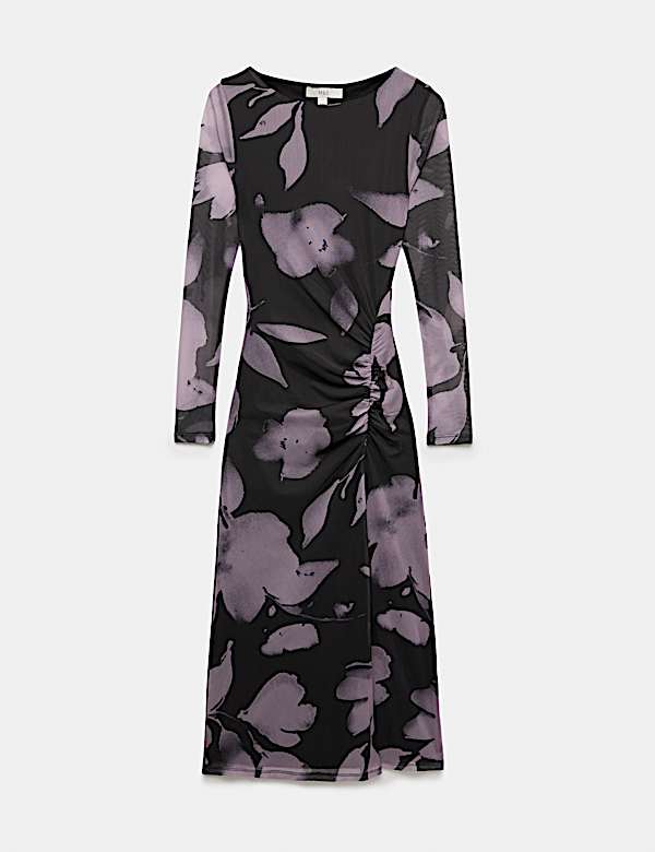 Floral Bodycon Midi Dress with Long Sleeves - KR