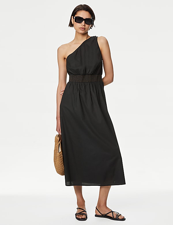 Pure Cotton One Shoulder Midi Waisted Dress - MY