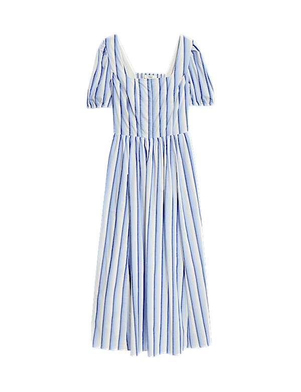 Pure Cotton Striped Midi Waisted Dress