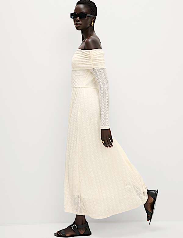 Jersey Lace Bardot Midi Waisted Dress - BE
