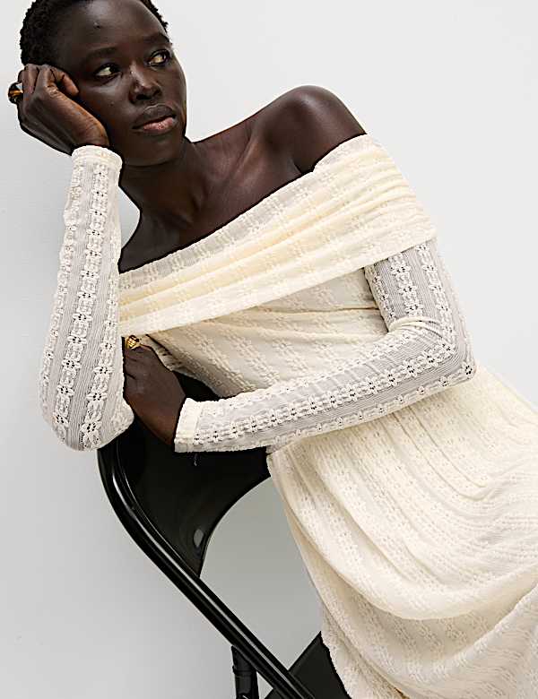 Jersey Lace Bardot Midi Waisted Dress - NL