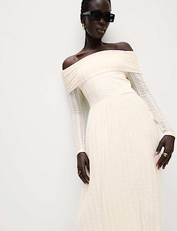 Jersey Lace Bardot Midi Waisted Dress - NL