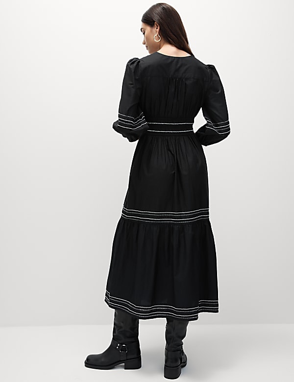 Pure Cotton Embroidered Midi Waisted Dress - LV