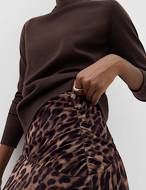 Animal Print Mesh Midi A-Line Skirt - CN