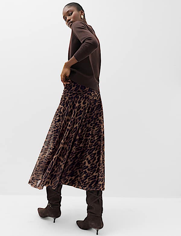 Animal Print Mesh Midi A-Line Skirt - CN