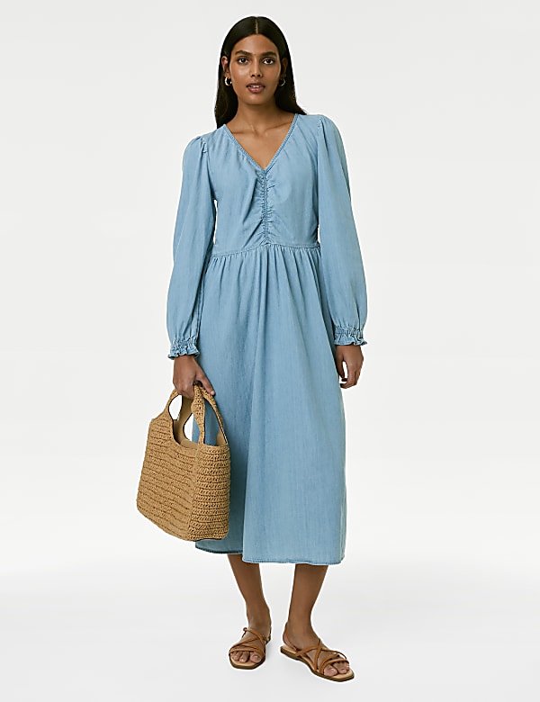 Denim V-Neck Puff Sleeve Midi Column Dress