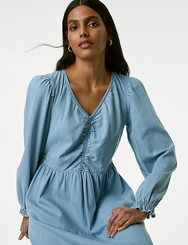 Denim V-Neck Puff Sleeve Midi Column Dress