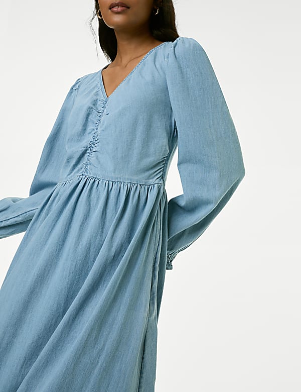Denim V-Neck Puff Sleeve Midi Column Dress