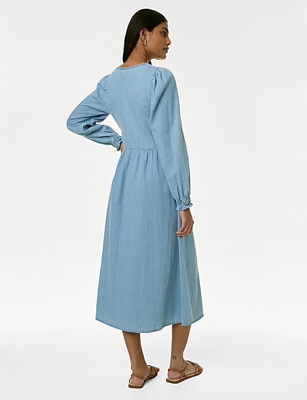 Denim V-Neck Puff Sleeve Midi Column Dress