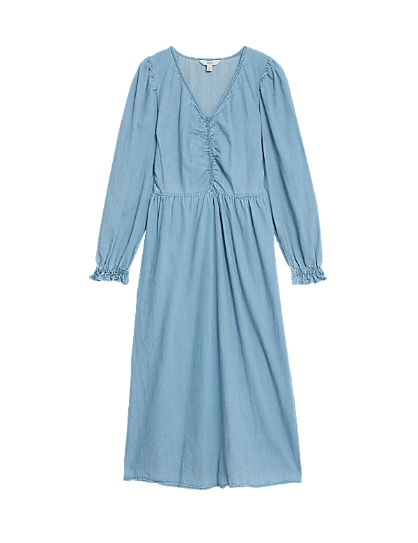 Denim V-Neck Puff Sleeve Midi Column Dress