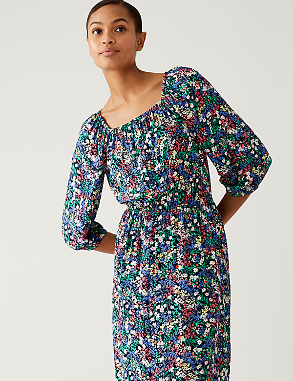 Printed Square Neck Midi Tea Dress