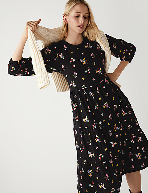 Pure Cotton Floral Midi Tiered Dress