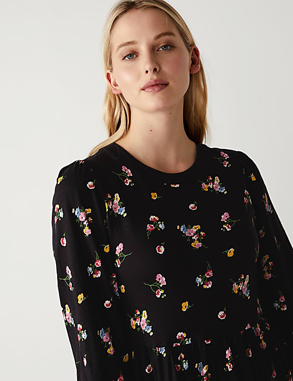 Pure Cotton Floral Midi Tiered Dress