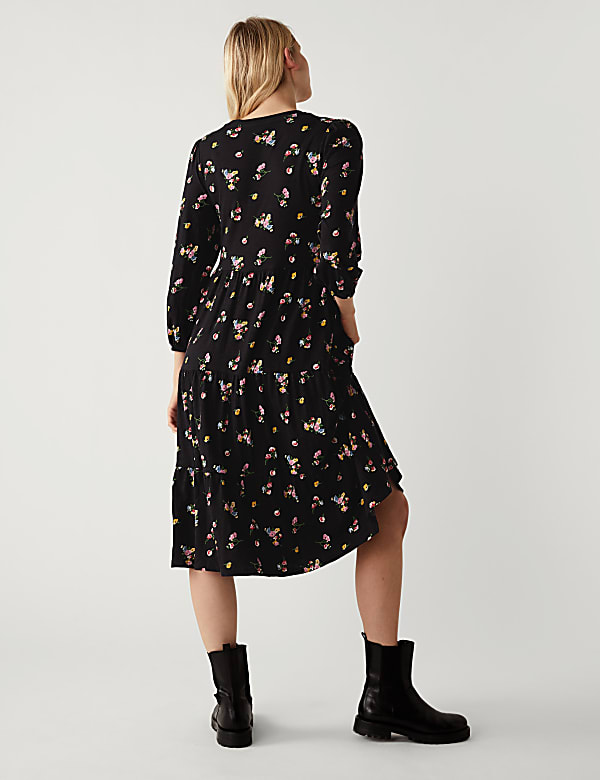 Pure Cotton Floral Midi Tiered Dress