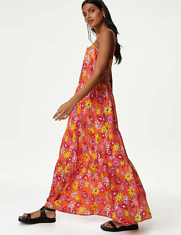 Cotton Blend Printed Maxi Tiered Dress
