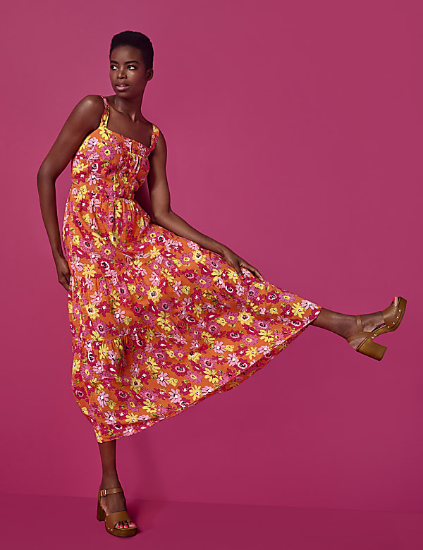 Cotton Blend Printed Maxi Tiered Dress