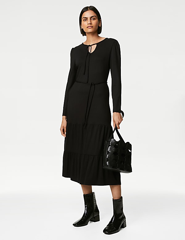 Jersey Tie Neck Belted Midaxi Tiered Dress - LT