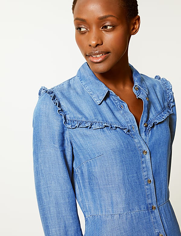 Denim Ruffle Detail Shirt Dress