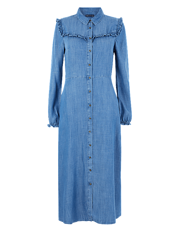 Denim Ruffle Detail Shirt Dress