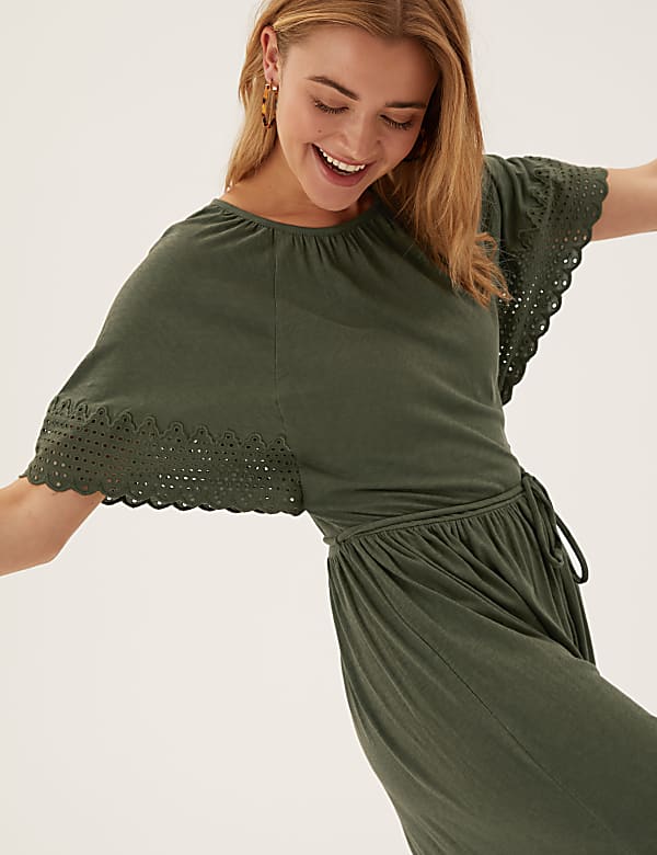 Pure Cotton Belted Midi Waisted Dress