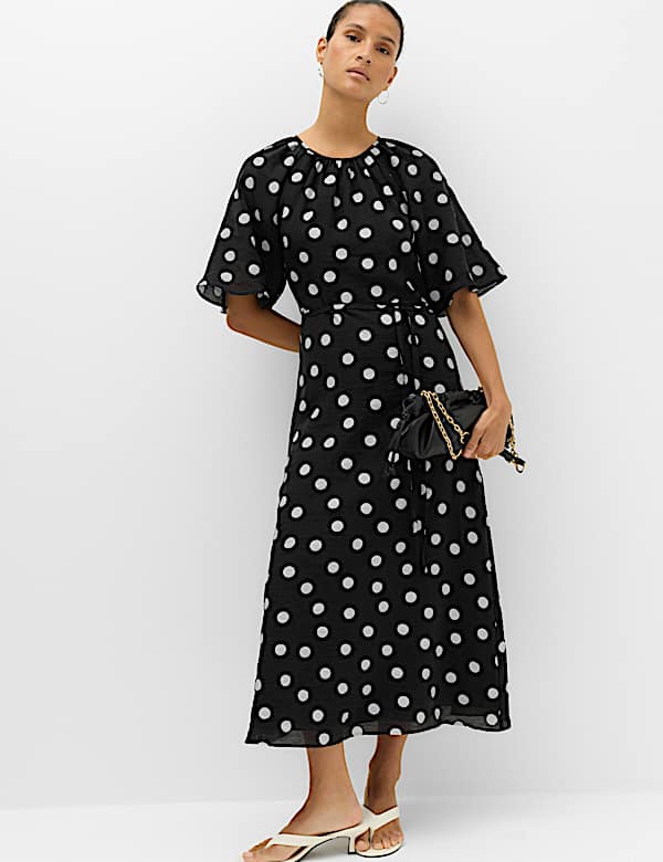 Lyocell Rich Polka Dot Midi Waisted Dress - DK
