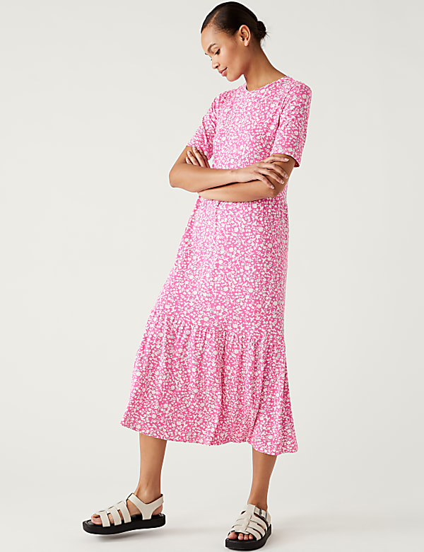 Jersey Printed Round Neck Midi Tiered Dress