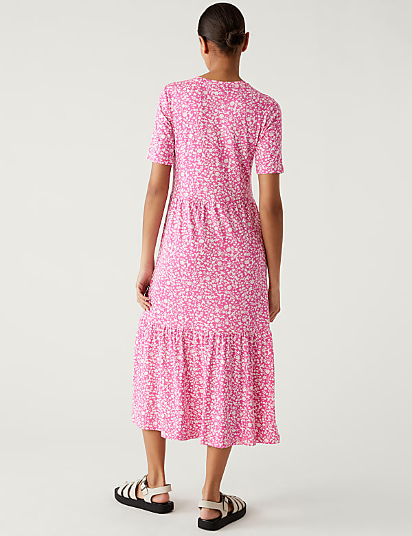 Jersey Printed Round Neck Midi Tiered Dress