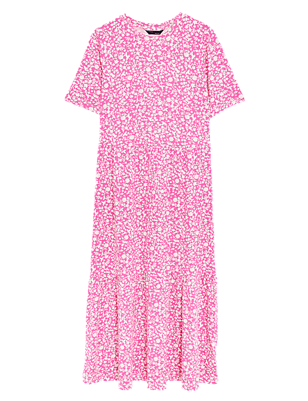 Jersey Printed Round Neck Midi Tiered Dress