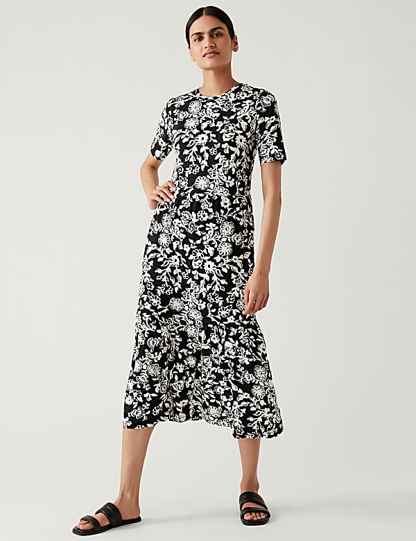 Jersey Printed Round Neck Midi Tiered Dress