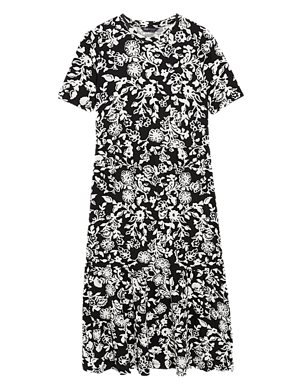 Jersey Printed Round Neck Midi Tiered Dress