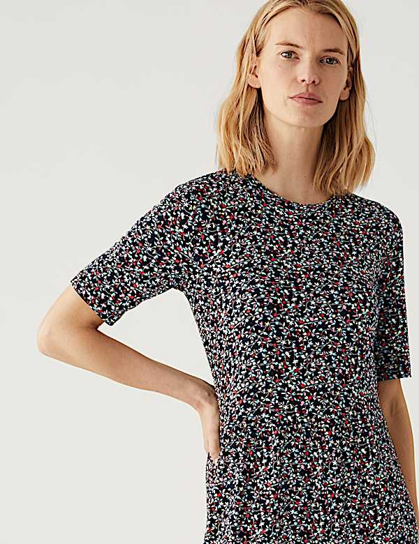 Jersey Printed Round Neck Midi Tiered Dress