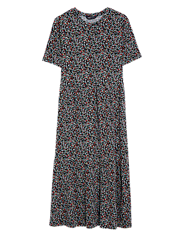 Jersey Printed Round Neck Midi Tiered Dress
