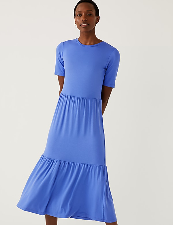 Jersey Round Neck Midi Tiered Dress