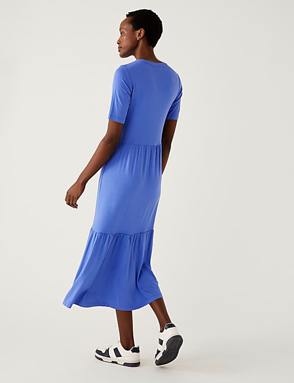 Jersey Round Neck Midi Tiered Dress