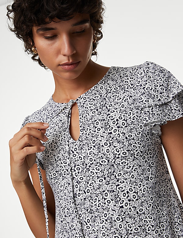 Jersey Printed Tie Neck Mini Smock Dress