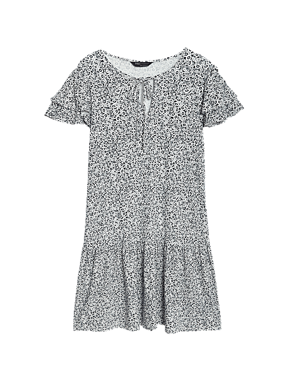 Jersey Printed Tie Neck Mini Smock Dress