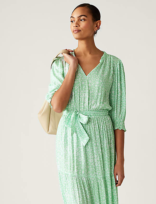 Printed V-Neck Midi Waisted Dress